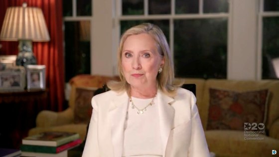 Image: Former Secretary of State Hillary Clinton speaks by video feed during the virtual 2020 Democratic National Convention.