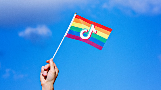 Image: A TikTok logo on a rainbow Pride flag.