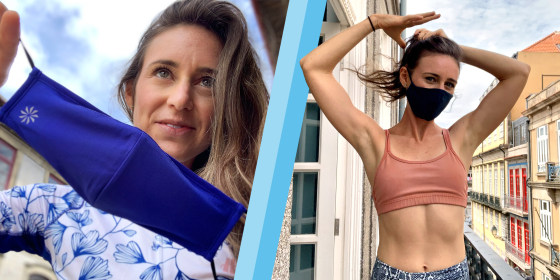 Woman wearing Athleta face mask sports bra and leggings