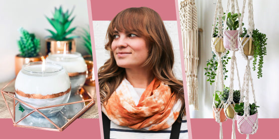 Etsy Labor Day sales showcasing candles woman wearing tie dye scarf macrame plant hanger