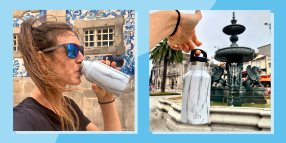 woman drinking and holding marble water bottle