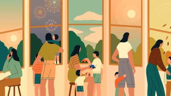 Image: A mother and her children look out of the same window as time passes through the summer and into the autumn.