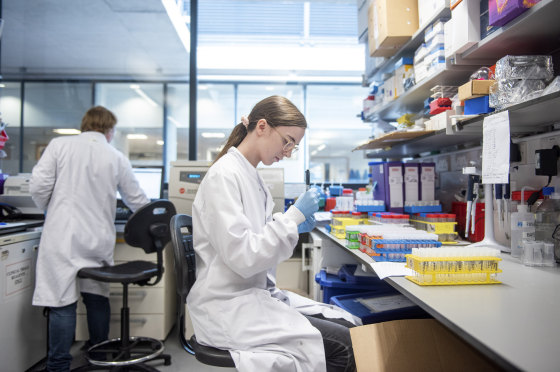 Blood samples from coronavirus vaccine trials are handled at the Jenner Institute in Oxford, England, on June 25.