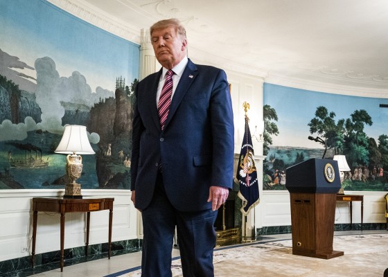 Image: President Donald Trump departs after speaking about his list of potential Supreme Court nominees in the Diplomatic Reception Room of the White House