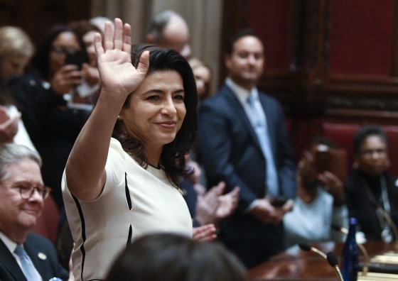 Image: Sen. Anna Kaplan, D-Mineola, is introduced during opening day of the 2019 legislative session in the Senate Chamber at the Capitol in Albany, NY.