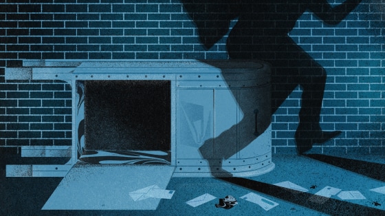 Image: The shadow of a robber is cast on an overturned, empty USPS mailbox, with a trail of letters on the ground.