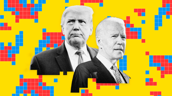 Image: Donald Trump and Joe Biden on a background of repeating United States map made of red and blue squares.