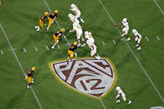 The Pac-12 logo during the second half of an NCAA college football game between Arizona State and Kent State, in Tempe, Ariz. on Aug. 29, 2019.