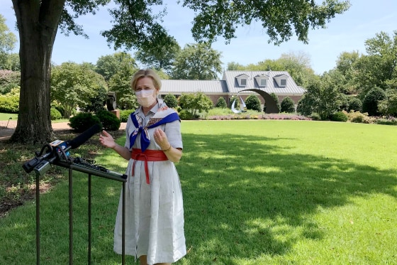 Dr. Deborah Birx, the coordinator of the White House coronavirus task force, speaks to reporters outside the Governor's Mansion in Little Rock, Ark. on Aug. 17, 2020. Birx visited Arkansas to speak with Gov. Asa Hutchinson and health officials about the state's pandemic response.