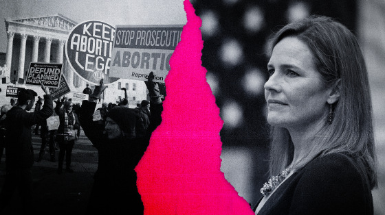 Image: anti-abortion and abortion rights advocates gather in front of the Supreme Court in Washington, separated by a hot paper pink tear from Judge Amy Coney Barrett.