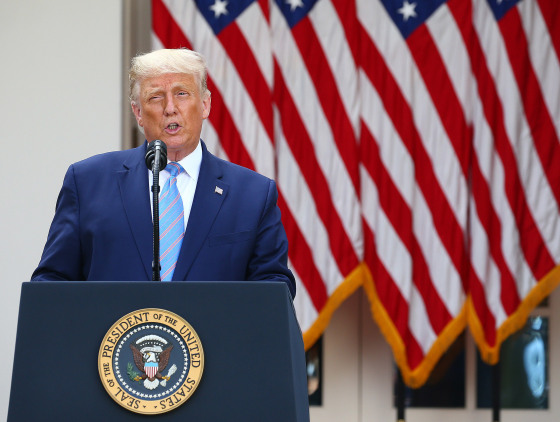 Image: President Donald Trump during a press conference in the Rose Garden of the White House