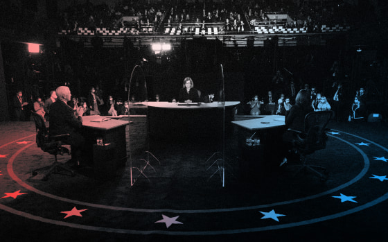 Image: Vice President Mike Pence and Kamala Harris applaud at the end of a debate in Salt Lake City on Oct. 7, 2020.