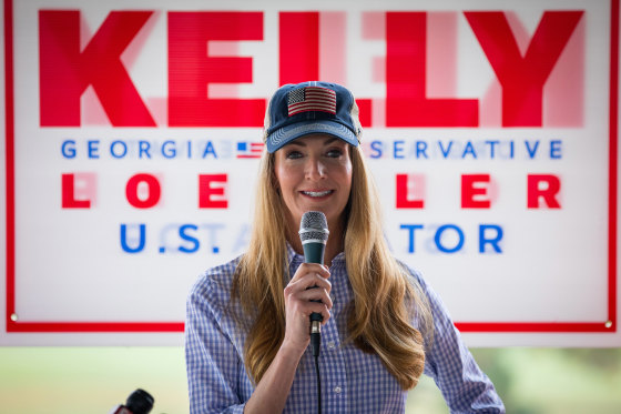 Image: Sen. Kelly Loeffler (R-GA) speaks after being endorsed by Georgia Republican House candidate Marjorie Taylor Greene during a joint press conference