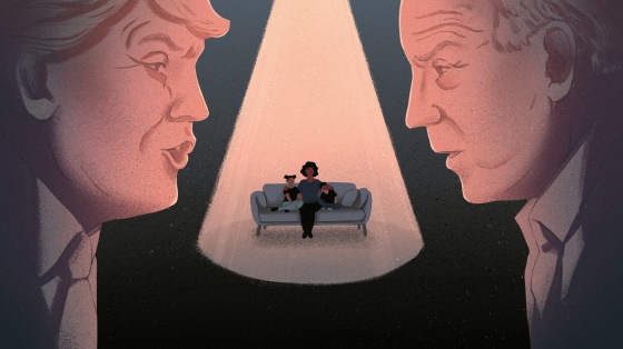 Image: A mother covers her child's eyes while sitting on a couch under a spotlight; large figures of Donald Trump and Joe Biden debate.