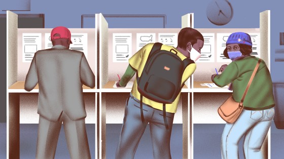 Image: Black voters at voting booths; a man in a MAGA hat, a young man asks an older woman wearing campaign buttons for help.