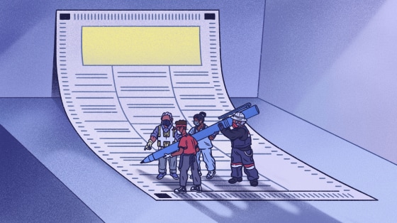 Image: A group of essential workers (postal worker, nurse, food service worker) hold up a pen to mark a ballot.