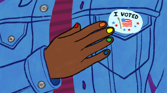 Illustration of person with rainbow painted nails touching their \"I Voted\" sticker.