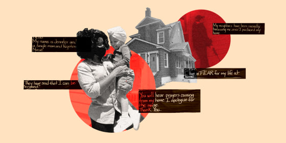 Image: Superimposed images of Jennifer McLeggan wearing a mask and holding her daughter against an orange circle, silhouette of a house and a red circle showing a man with a gun leaning against a wall.