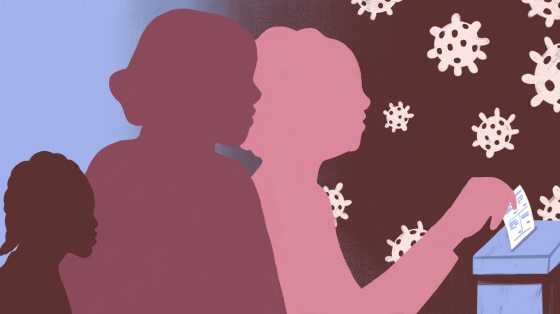 Image: The pink silhouette of an older woman, next to a younger woman and a child, casts a ballot as coronavirus spores loom.