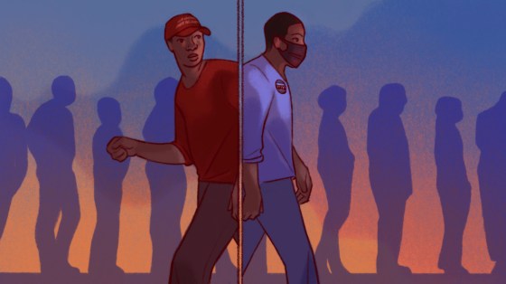 Image: A MAGA hat-wearing Black voter back to back with a liberal, Democrat pin-wearing Black voter with a line of voters in silhouette in the background.