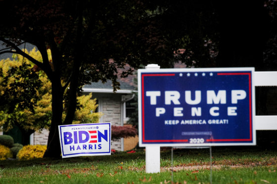 Image: Campaign signs for U.S. President Trump and Democratic U.S. presidential nominee and former Vice President Biden are seen near an event in Erie