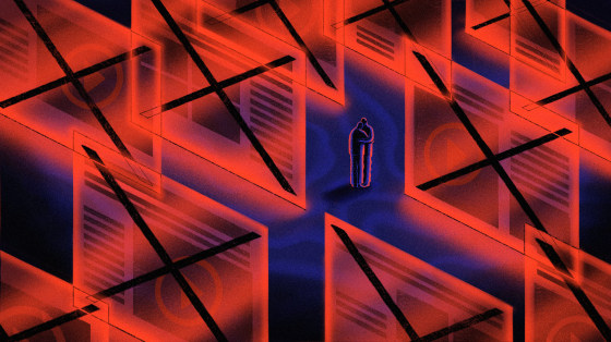 Illustration of couple hugging while surrounded by hateful ads.