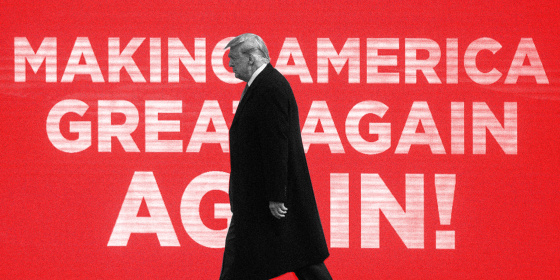 Image: Donald Trump walks against a red back with white text that reads: MAKE AMERICA GREAT AGAIN AGAIN!