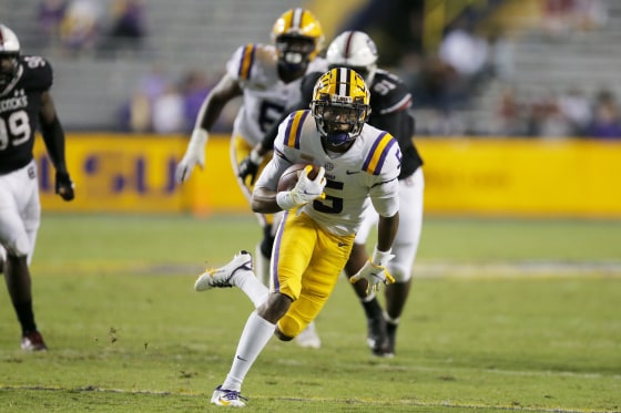 LSU wide receiver Koy Moore (5) runs the ball against South Carolina during second half of an NCAA college football game in Baton Rouge, La., on Oct. 24, 2020.