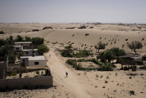 Image: A man walks through a small street in Al Reesa, a suburb of El Arish, the capital of Egypt's restive North Sinai region.
