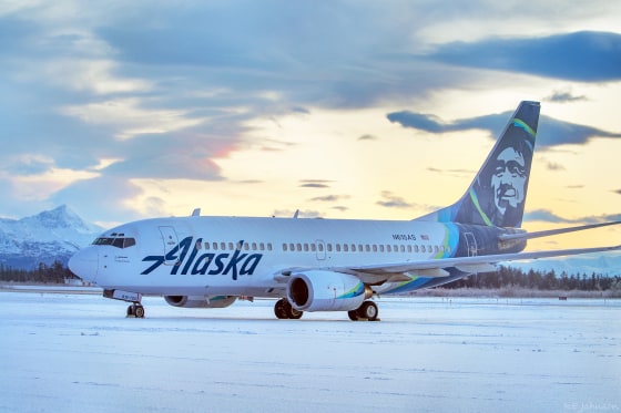 Image: An Alaska Airlines jet that struck a brown bear while landing in the early evening the day before, killing the animal and causing damage to the plane, at Yakutat Airport in Yakutat, Alaska.