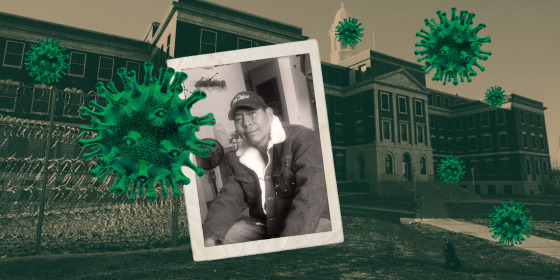 Image: Medical center for Federal Prisoners with a green overlay and floating coronavirus forms and a photograph of Waylon Young Bird juxtaposed over it.