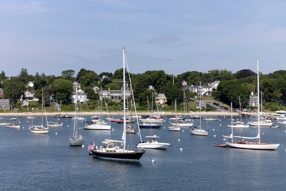 Sailboats and motorboats are anchored in Vineyard Haven harbor on June 28, 2020 in Tisbury, Mass. on the island of Martha's Vineyard.