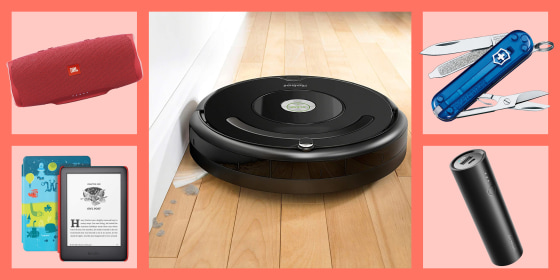 Gifts available on Amazon include JBL Waterproof Bluetooth Speaker, Kids Edition Kindle, iRobot Roomba Vacuum, Victorinox Swiss Army Pocket Knife and Anker Portable Charger.