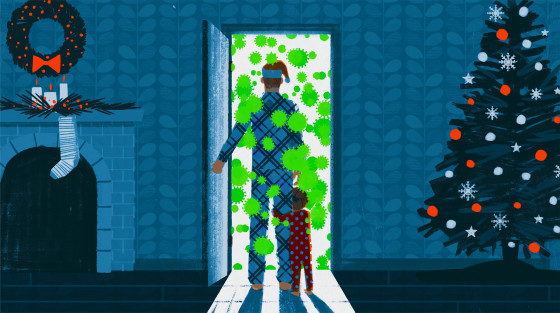 Illustration of man inside a home with holiday directions looking out his front door with coronavirus spores snowing down.