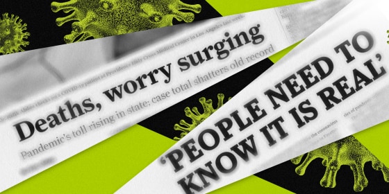 Image: Covid spores and a slice of a newspaper headline that reads \"People need to know it is real\" and \"Deaths, worry surging.\"