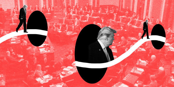 Image: A white path goes through three black holes over an image of the Senate with a red overlay. Multiple image of trump walking along the path.