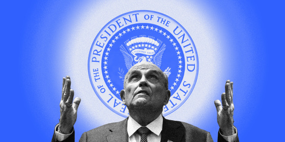 Image: Rudy Giuliani looks up with raised hands at a radiating US Presidential Seal