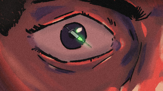 IMage: An illustration of a Black person's eye with a reflection of a syringe.
