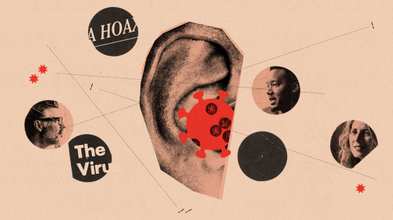 Illustration of ear with coronavirus spores and talking mouths.