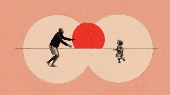 Illustration of father and child running toward each other in separate bubbles.