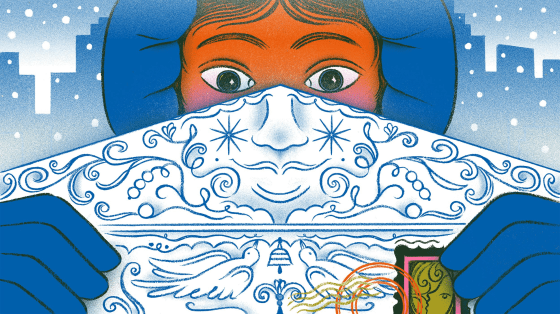 Image: A woman gazes in wonder as she opens a holiday card in a snowy city.