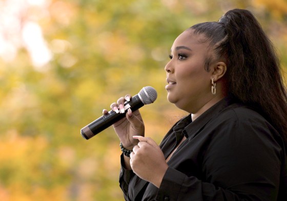 Lizzo speaks to the crowd while at a campaign event in Detroit for Joe Biden and Kamala Harris on Oct. 23, 2020 in Detroit.