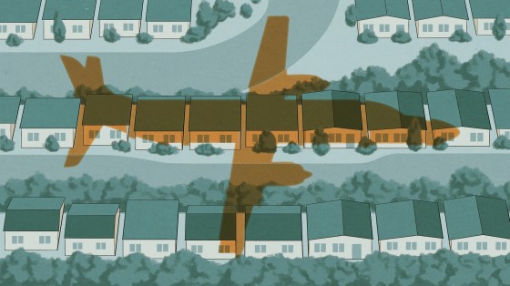 Image: The shadow of a spy plane over a suburban neighborhood.