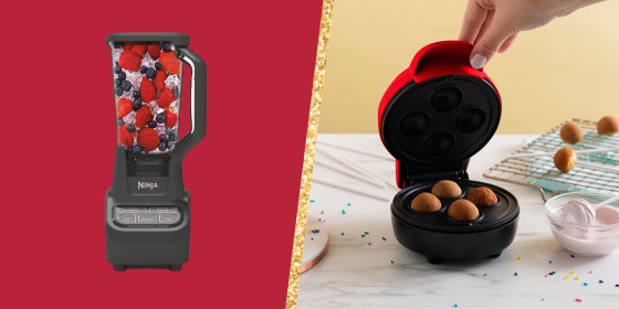 Illustration of Ninja Blender filled with fruit and Bella Mini Cake Pop Maker