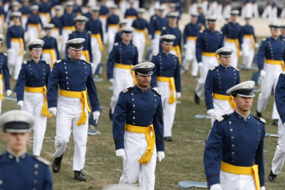 Cadets march to their seats to start the graduation ceremony for the class of 2020 at the U.S. Air Force Academy in Colorado on April 18.