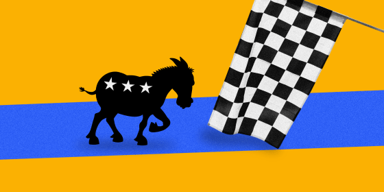 Photo illustration of a black and white checkered flag being waved at a donkey with three stars ready to race on a blue track against a yellow background.