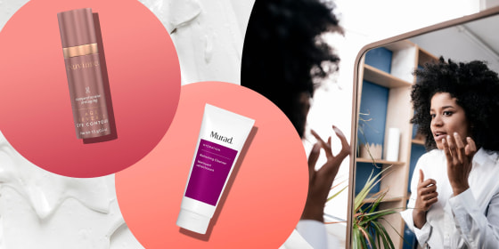 Illustration of beauty products on sale from Ulta and a women putting it on her face while looking in mirror