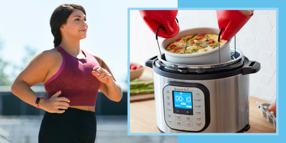 Illustration of woman wearing a Fitbit and someone taking food out of an Instant Pot