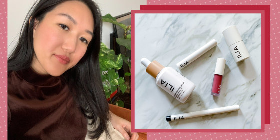 Illustration of Alicia Tan and a selection of Ilia makeup products