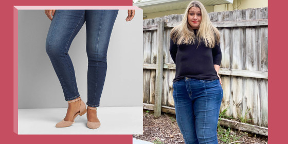 Illustration of Terri Peters wearing Lane Bryant jeans and the jeans on model on website